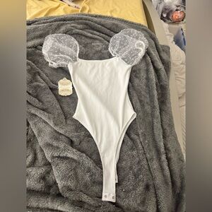 Altar'd State White Bodysuit with Sheer Puff Sleeves